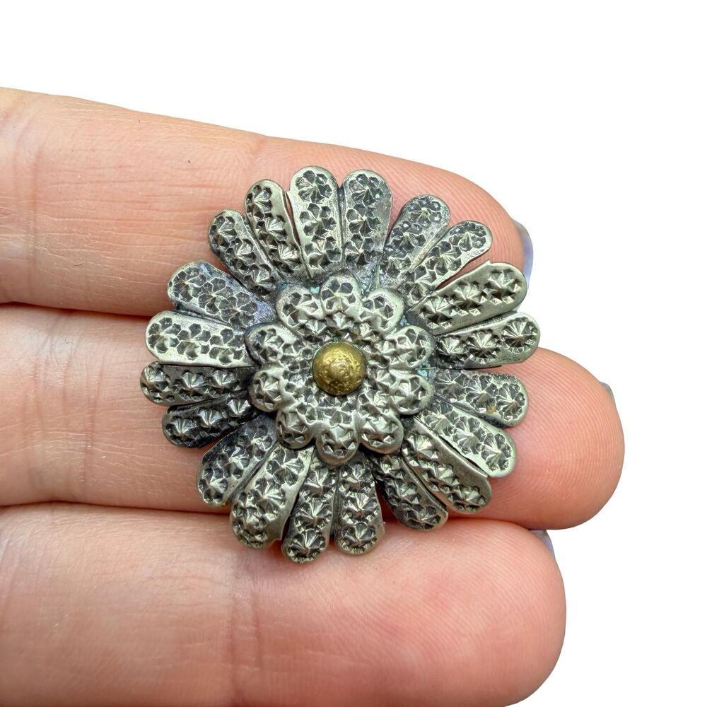 Vintage Jewelry Hammered Metal Flower Brooch Pin